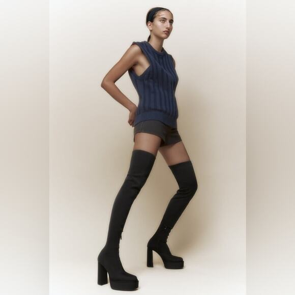 NEW SZ 38 Zara over the knee boots black 5” heeled boots tall platform stretch - Picture 1 of 9